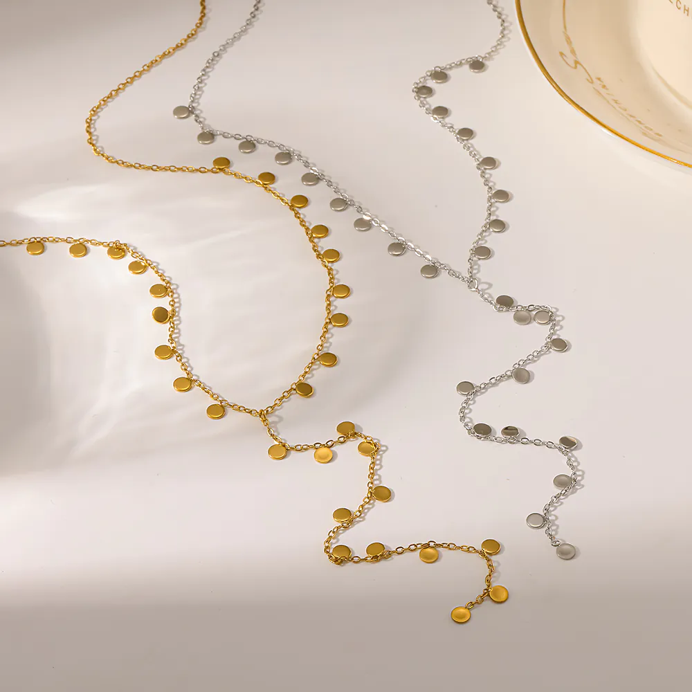 18K Gold‑Plated Stainless Steel Disc Y‑Drop Necklace, Dainty Tassel Disc Choker Collarbone Neck Jewelry For Women - Image 4