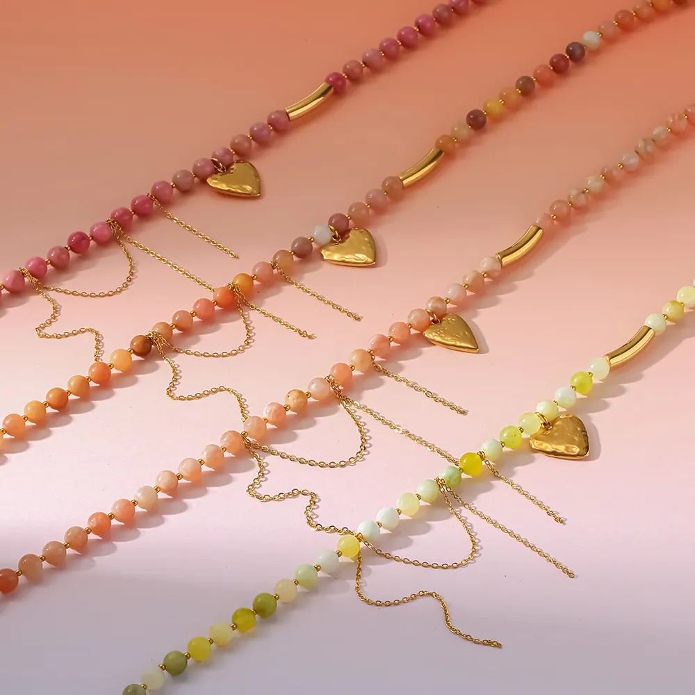 Natural Stone Beaded Heart Tassel Necklace | 18K Gold‑Plated Stainless Steel Boho Neck Jewelry - Image 3
