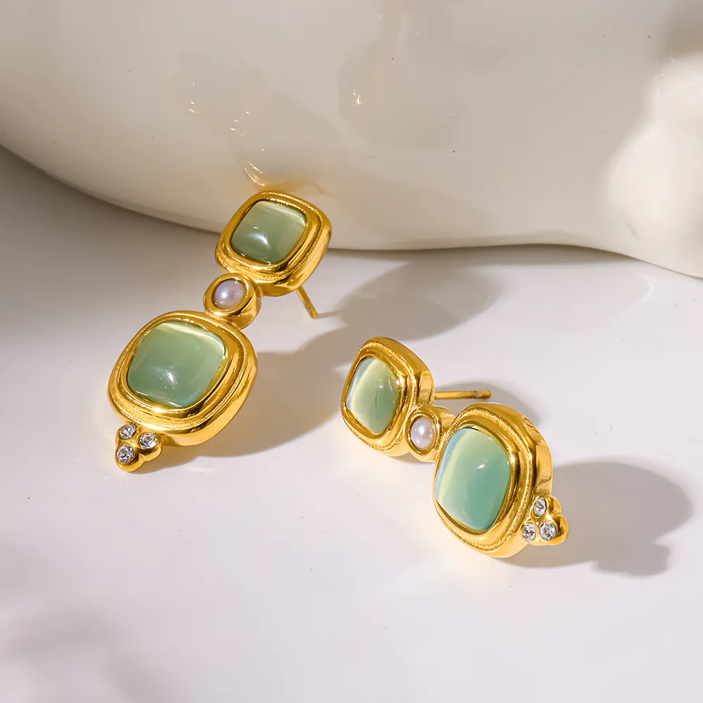 18K Gold-Plated Stainless Steel Square Cat Eye Stone Stud Earrings, Retro INS Style Non-Fading Women Ear Jewelry - Image 3