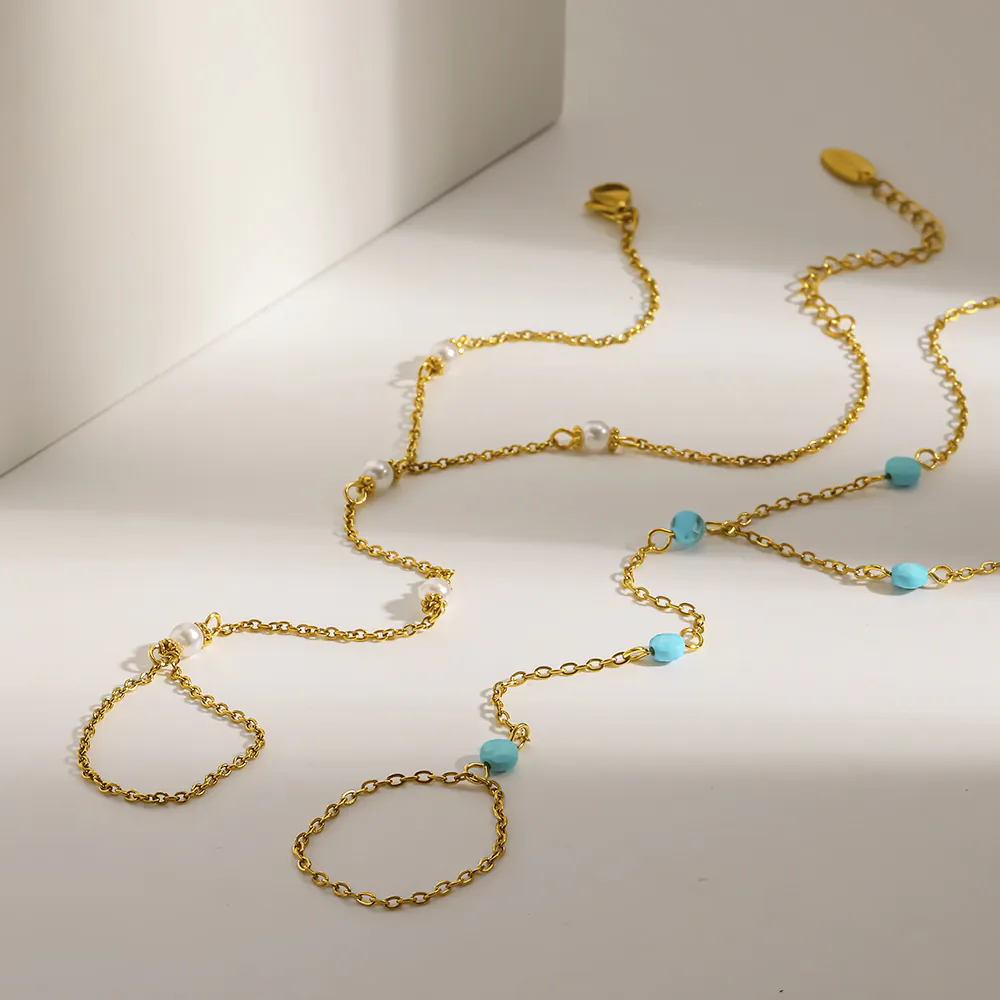 18K Gold‑Plated Stainless Steel Turquoise & Imitation Pearl Hand Chain, Waterproof Dainty Finger Bracelet Luxury Hand Jewelry for Women - Image 3