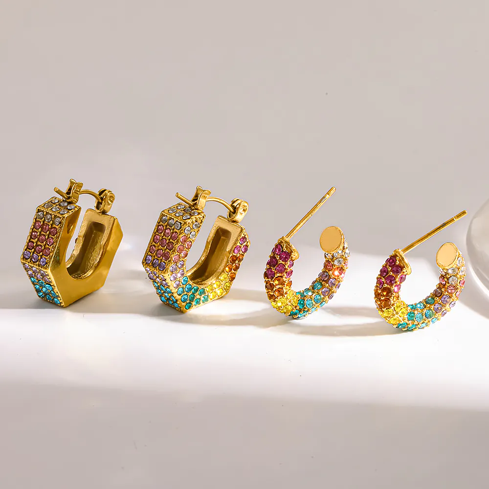 18K Gold-Plated Stainless Steel Rainbow Gradient Rhinestone C-Shape Hoop Earrings, Unique Design Non-Fading Women Ear Buckle Jewelry - Image 4