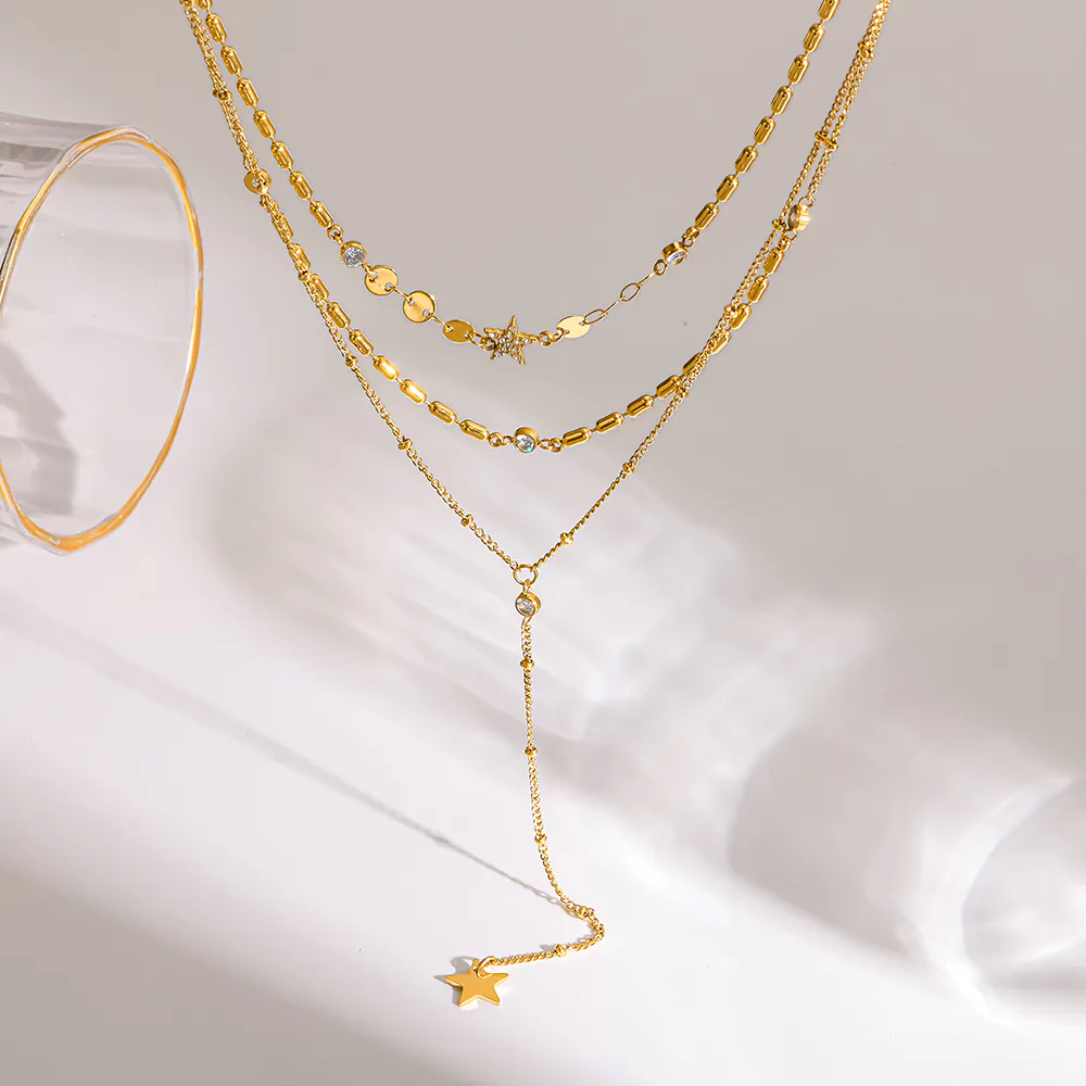18K Gold-Plated Stainless Steel 3-Layer Star CZ Y-Drop Necklace, Waterproof Luxury Niche Stackable Women Neck Jewelry - Image 3