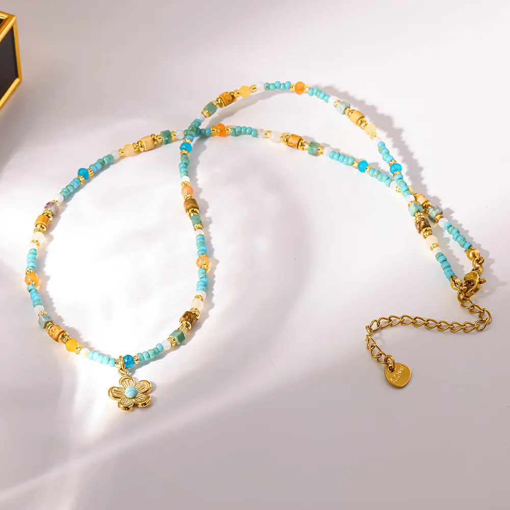 18K Gold-Plated Stainless Steel Flower Pendant Necklace Dopamine Color Natural Stone Beaded Boho Dainty Clavicle Chain For Women - Image 3