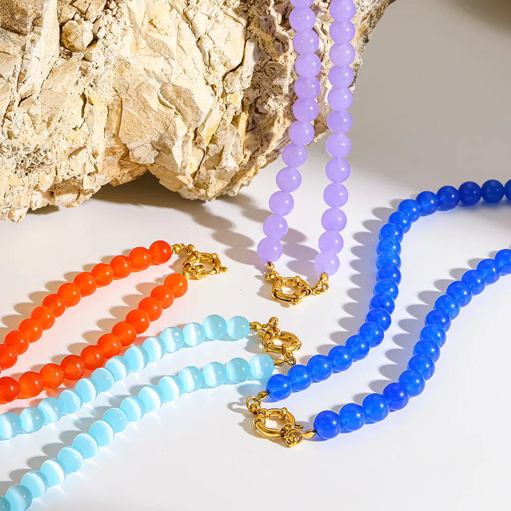 18K Gold-Plated Stainless Steel Rainbow Cat Eye Glass & Natural Stone Beaded Necklace, Dainty Clavicle Chain Jewelry for Women - Image 3