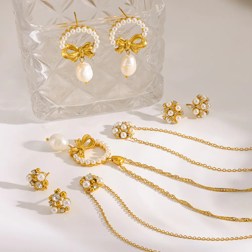 18K Gold Plated Stainless Steel Bow Faux Pearl Jewelry, French Elegant Fairy Pearl Earrings & Pendant Necklace, Luxury Fashion Accessory For Women - Image 3