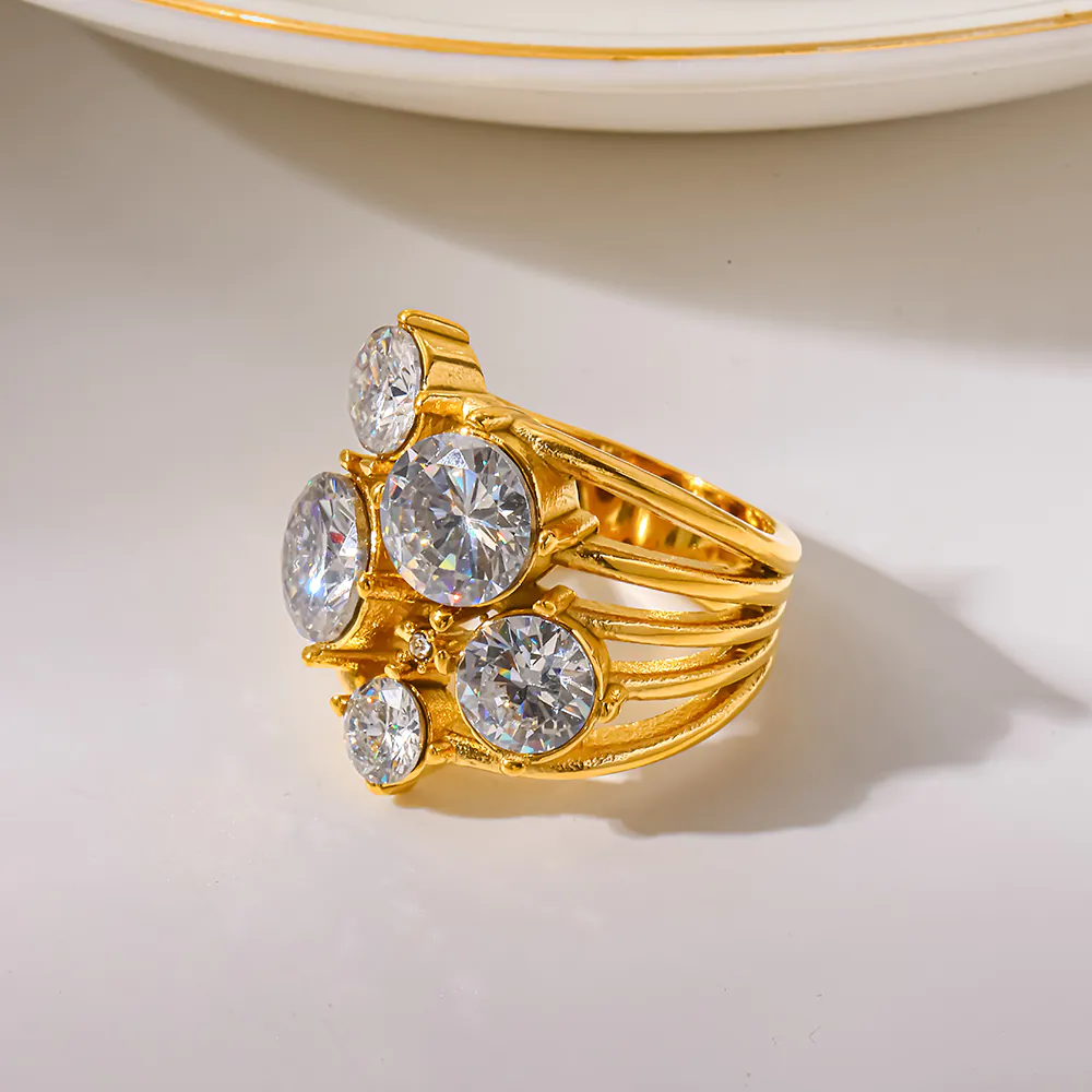 18K Gold-Plated Stainless Steel Multi-CZ Statement Ring, Bold Exaggerated Luxury Niche Women Finger Jewelry - Image 4