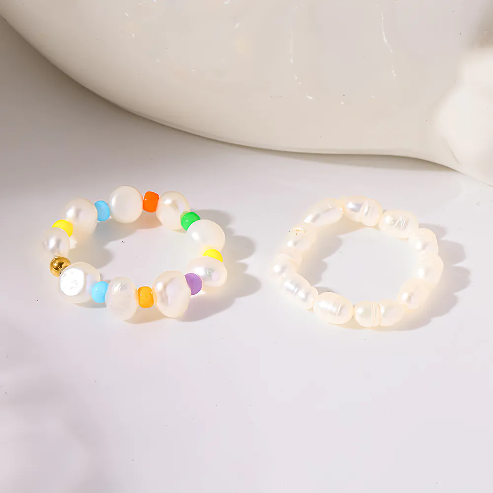 Fresh Color Beaded Stretch Ring, Freshwater Pearl Acrylic & Stainless Steel Beads Stackable Versatile Finger Ring For Women - Image 4
