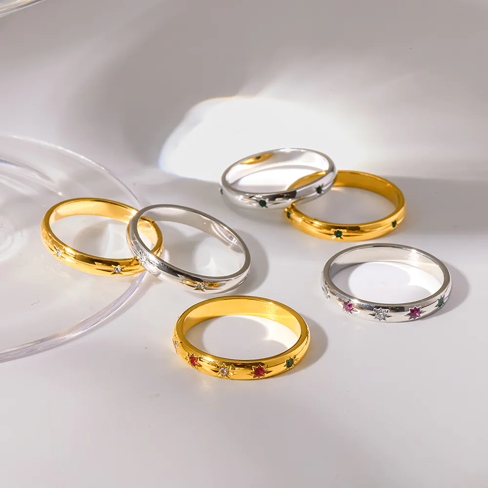 18K Gold-Plated Stainless Steel Thin Band Ring Luxury Colorful Cubic Zirconia Inlaid Band, High-End Waterproof Stackable Finger Jewelry For Women - Image 5