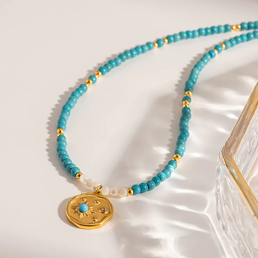 18K Gold-Plated Stainless Steel Sunburst Round Pendant Necklace, Vintage Turquoise Natural Stone Beaded Stackable Choker For Women - Image 4