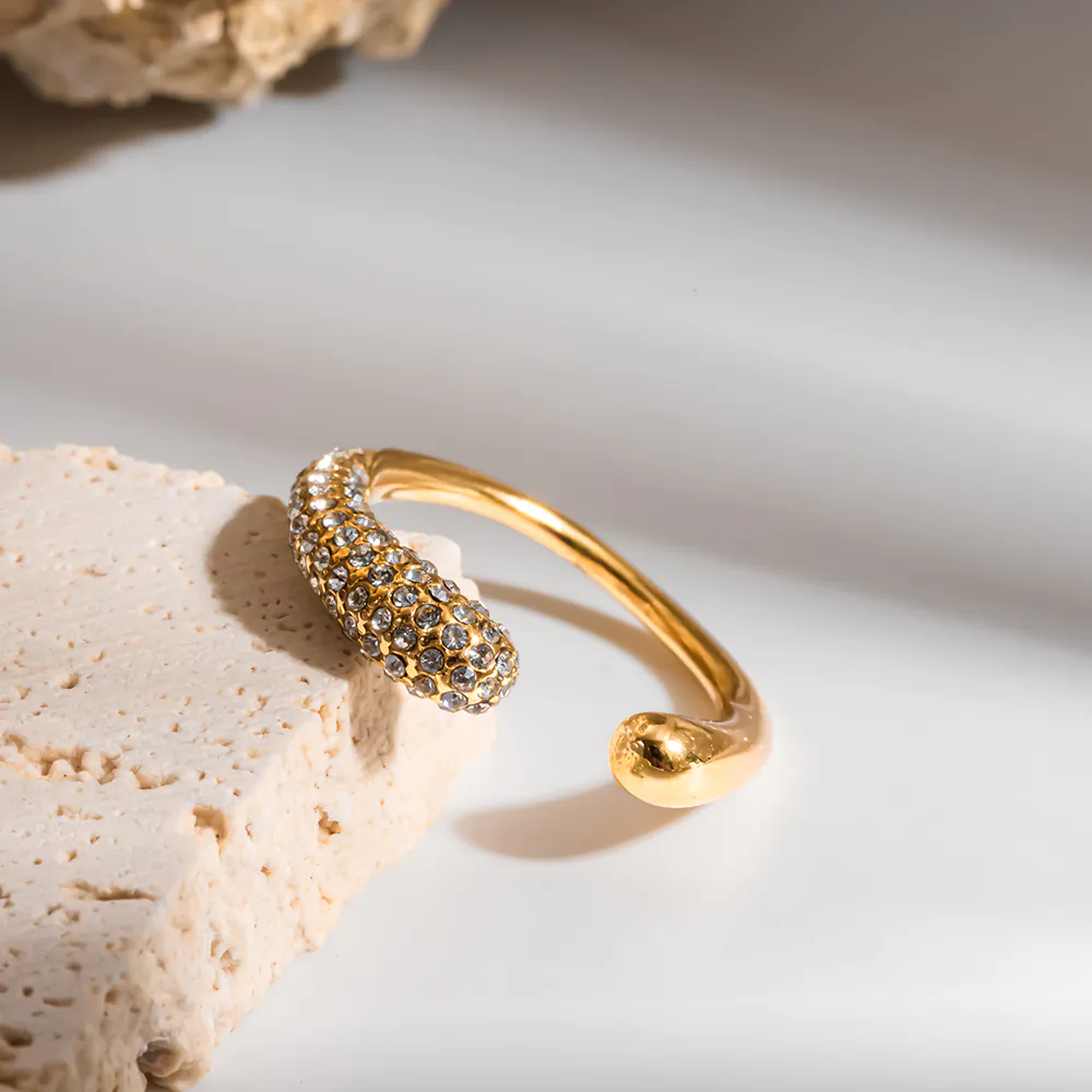 18K Gold‑Plated Stainless Steel Pave CZ Open Ring, Ins‑Style Teardrop Shape High‑End Minimalist Adjustable Finger Jewelry For Women - Image 5