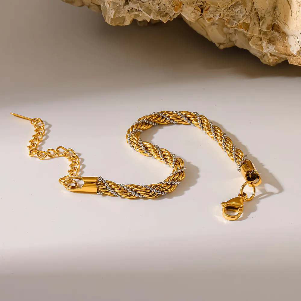 18K Gold-Plated Stainless Steel Ins Fashion Two-Tone Twisted Rope Bracelet, Minimalist Versatile Adjustable Women Wrist Jewelry - Image 5