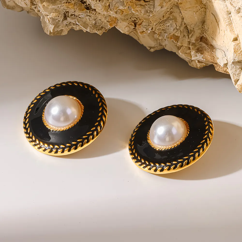 18K Gold‑Plated Stainless Steel Classic Black Enamel Faux Pearl Round Stud Earrings, Ins vintage enamel Waterproof Luxury Ear Jewelry For Women - Image 4