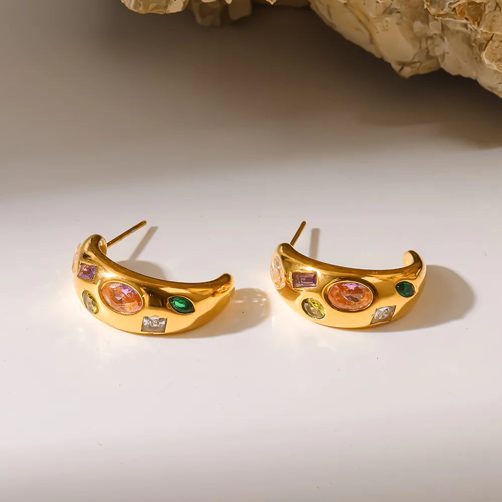 18K Gold‑Plated Stainless Steel Colorful Zircon C‑Shape Hoop Earrings, Ins Retro Trendy Fashion Waterproof Ear Jewelry For Women - Image 4