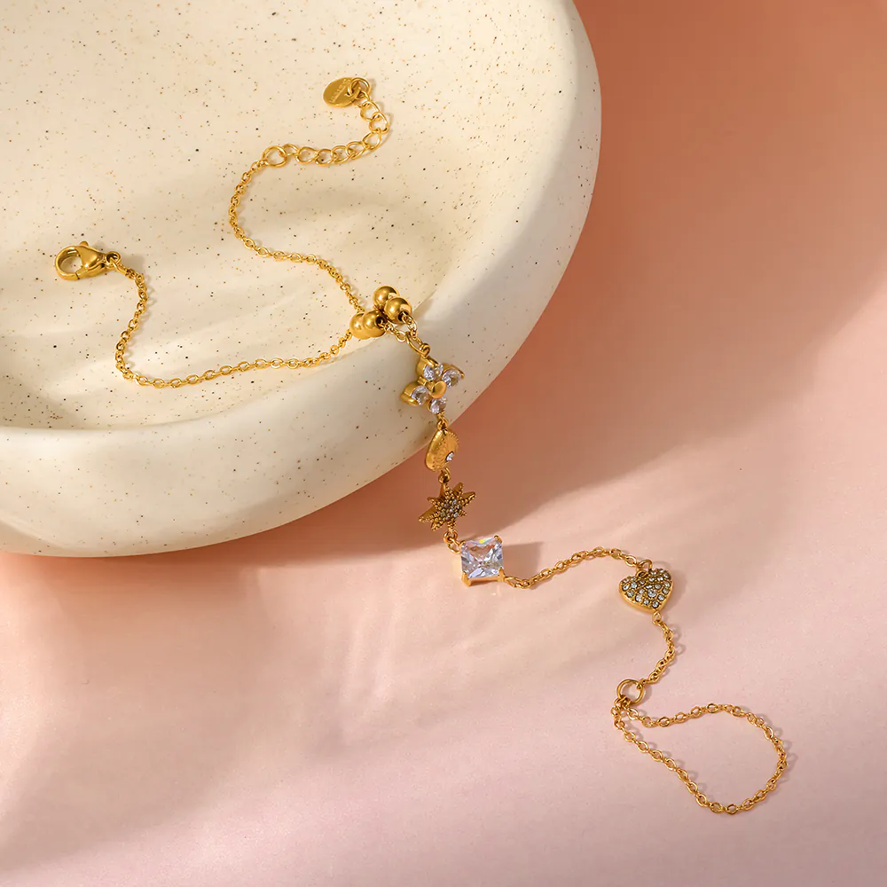 Heart & Star Cubic Zirconia Linked Finger Hand Chain | 18K Gold‑Plated Stainless Steel Integrated Hand Bracelet - Image 3