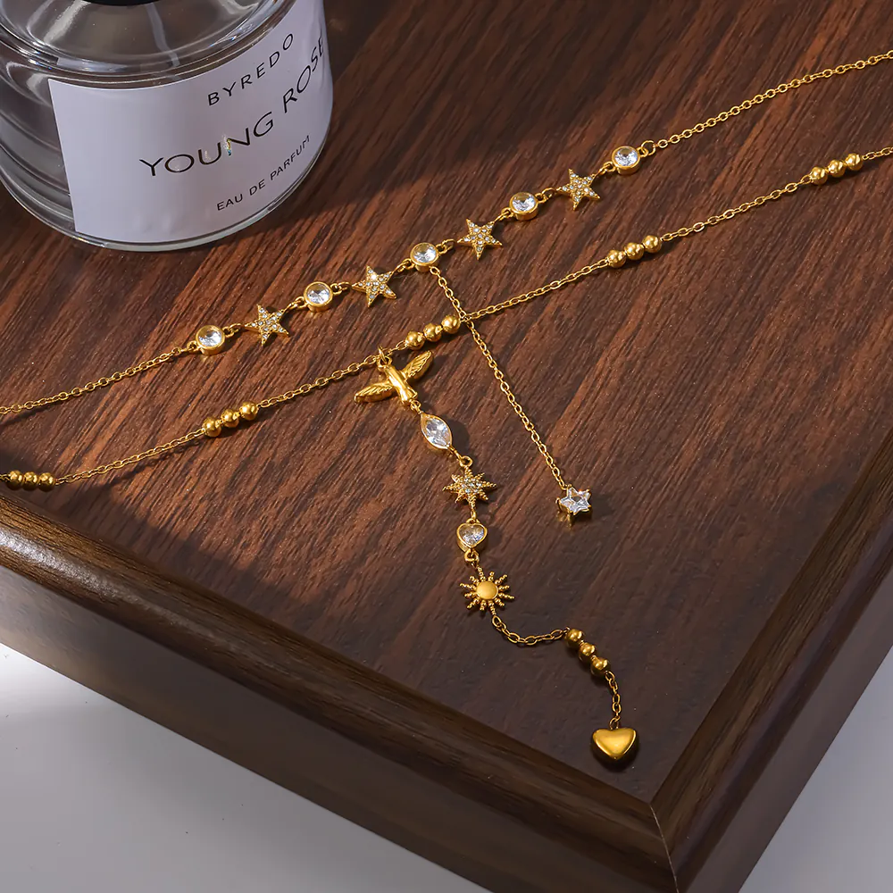 18K Gold‑Plated Stainless Steel Geometric Star Y‑Drop Necklace, Cubic Zirconia Stackable Daily Choker Neck Jewelry For Women - Image 4