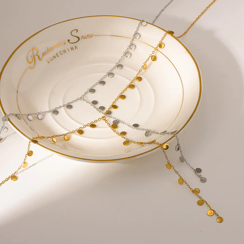 18K Gold‑Plated Stainless Steel Disc Y‑Drop Necklace, Dainty Tassel Disc Choker Collarbone Neck Jewelry For Women - Image 5