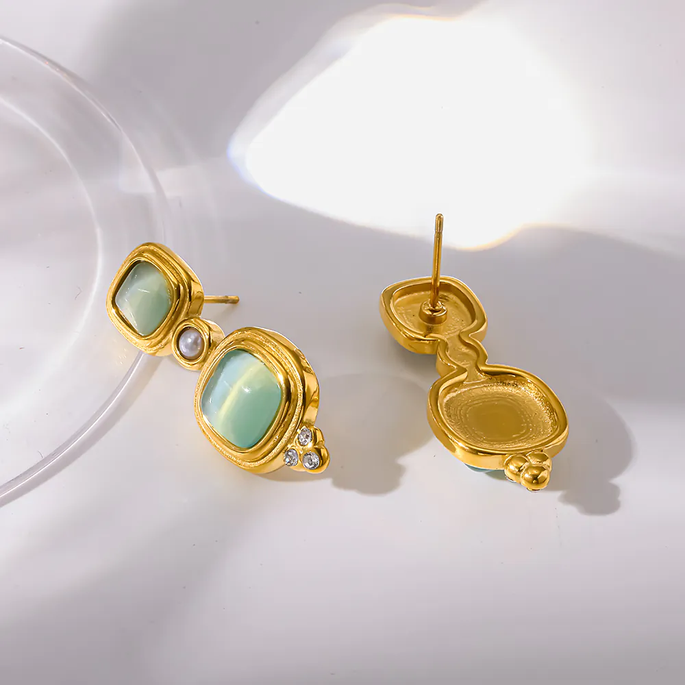 18K Gold-Plated Stainless Steel Square Cat Eye Stone Stud Earrings, Retro INS Style Non-Fading Women Ear Jewelry - Image 4