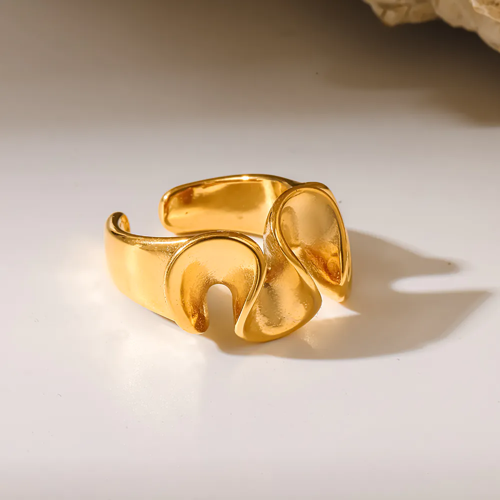 18K Gold‑Plated Stainless Steel Lotus Leaf Wave Open Ring, Irregular Textured Statement Finger Ring For Women - Image 4