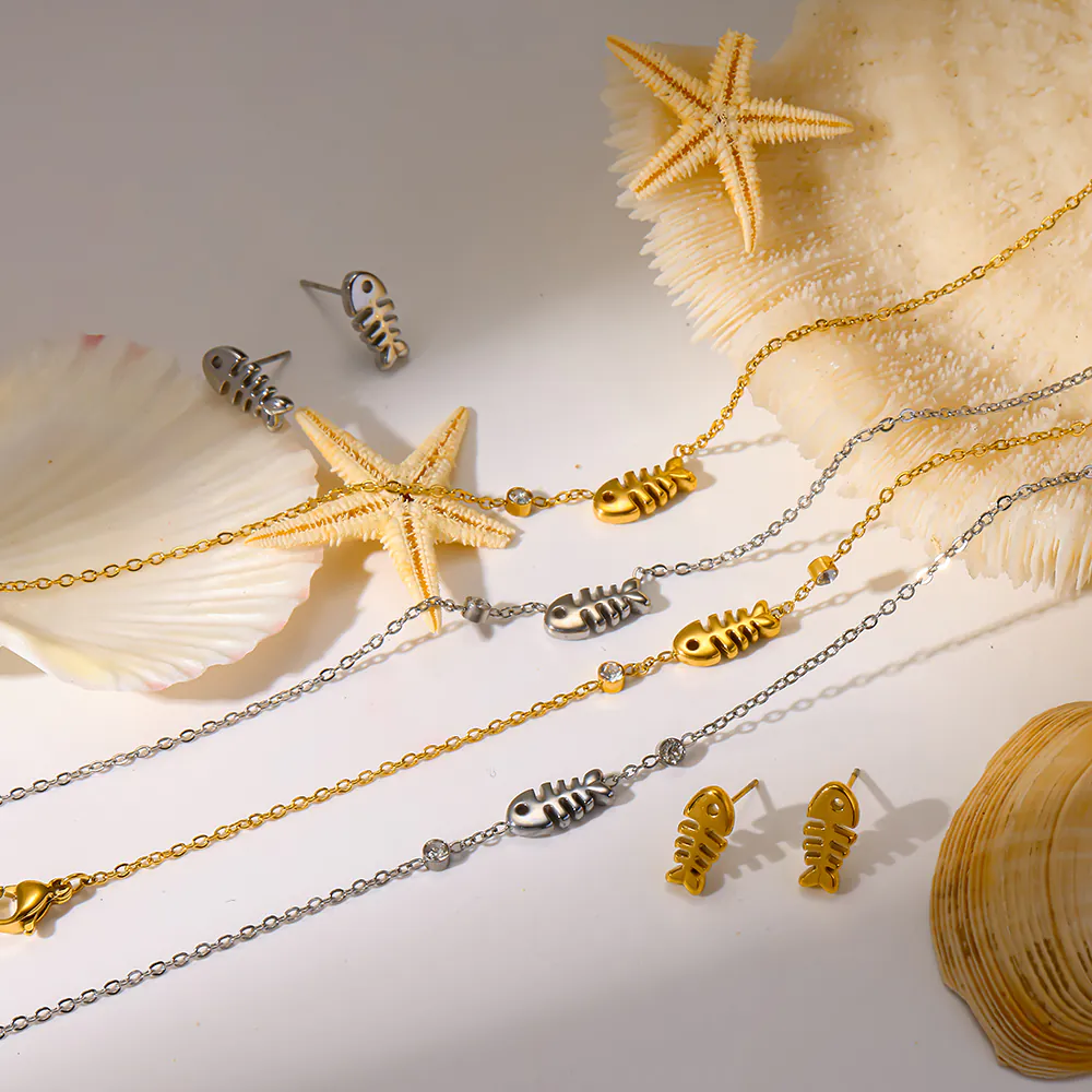 18K Gold‑Plated Stainless Steel Fish Bone Motif Jewelry, Waterproof Fish Skeleton Necklace, Bracelet & Stud Earrings Ins‑Inspired Everyday Women’s Accessories - Image 2