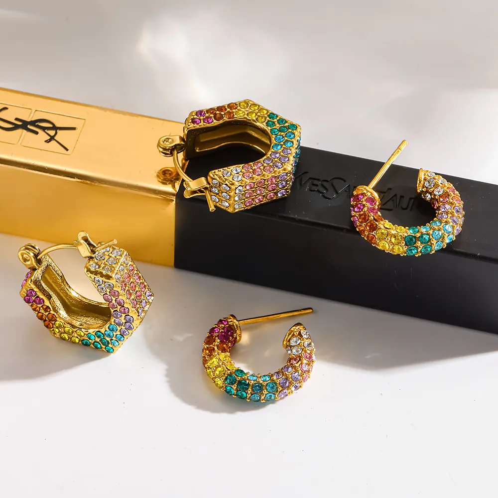 18K Gold-Plated Stainless Steel Rainbow Gradient Rhinestone C-Shape Hoop Earrings, Unique Design Non-Fading Women Ear Buckle Jewelry - Image 5