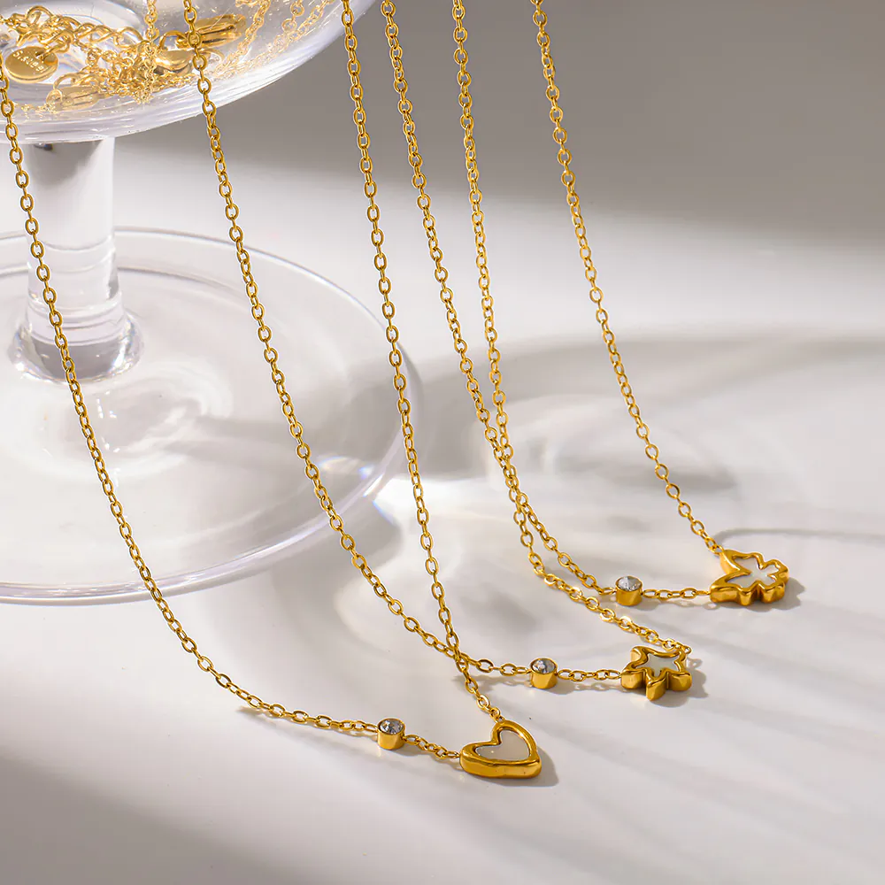 18K Gold‑Plated Stainless Steel Mother‑of‑Pearl Necklace, Zircon Inlaid Butterfly Heart Star Pendant Waterproof Dainty Neck Chain for Women - Image 4