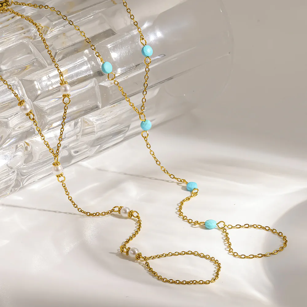 18K Gold‑Plated Stainless Steel Turquoise & Imitation Pearl Hand Chain, Waterproof Dainty Finger Bracelet Luxury Hand Jewelry for Women - Image 4