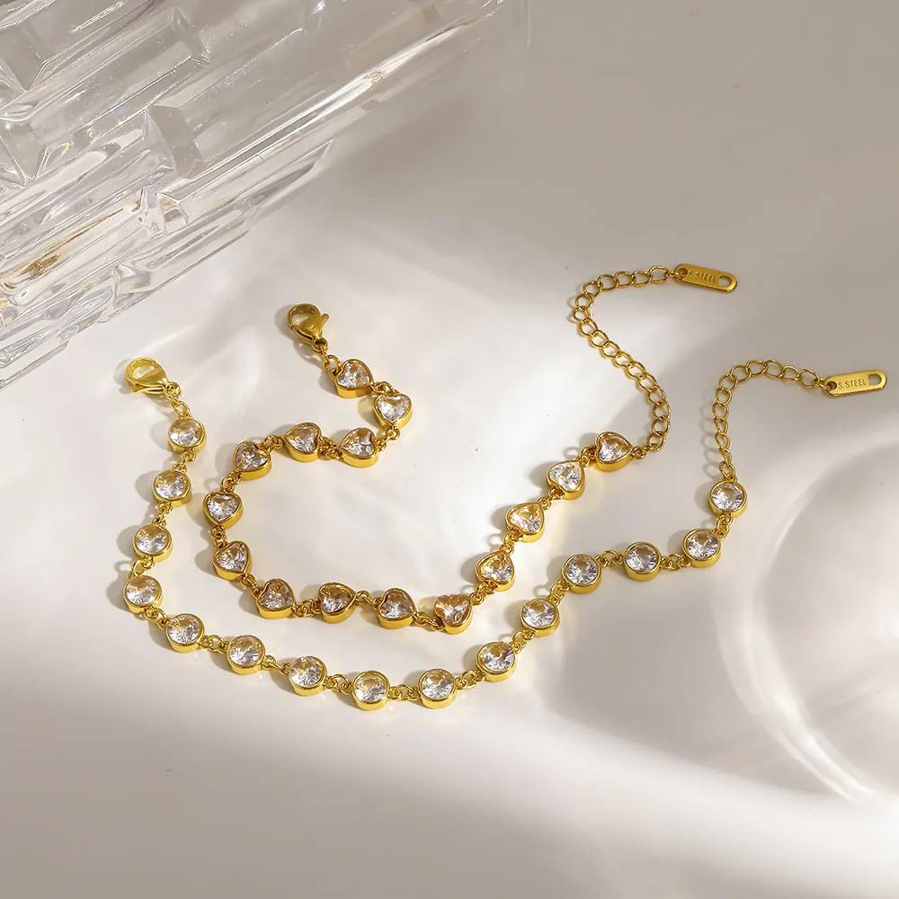 18K Gold‑Plated Stainless Steel Round & Heart Zircon Bracelet, Waterproof Dainty Luxury Hand Jewelry for Women  1. - Image 4