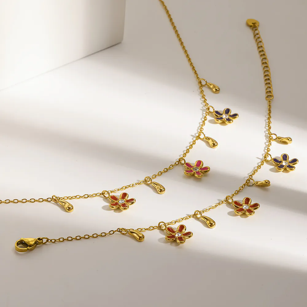 18K Gold‑Plated Stainless Steel Enamel Colorful Flower Zircon Necklace & Bracelet, Luxury Dainty Jewelry Set for Women - Image 4