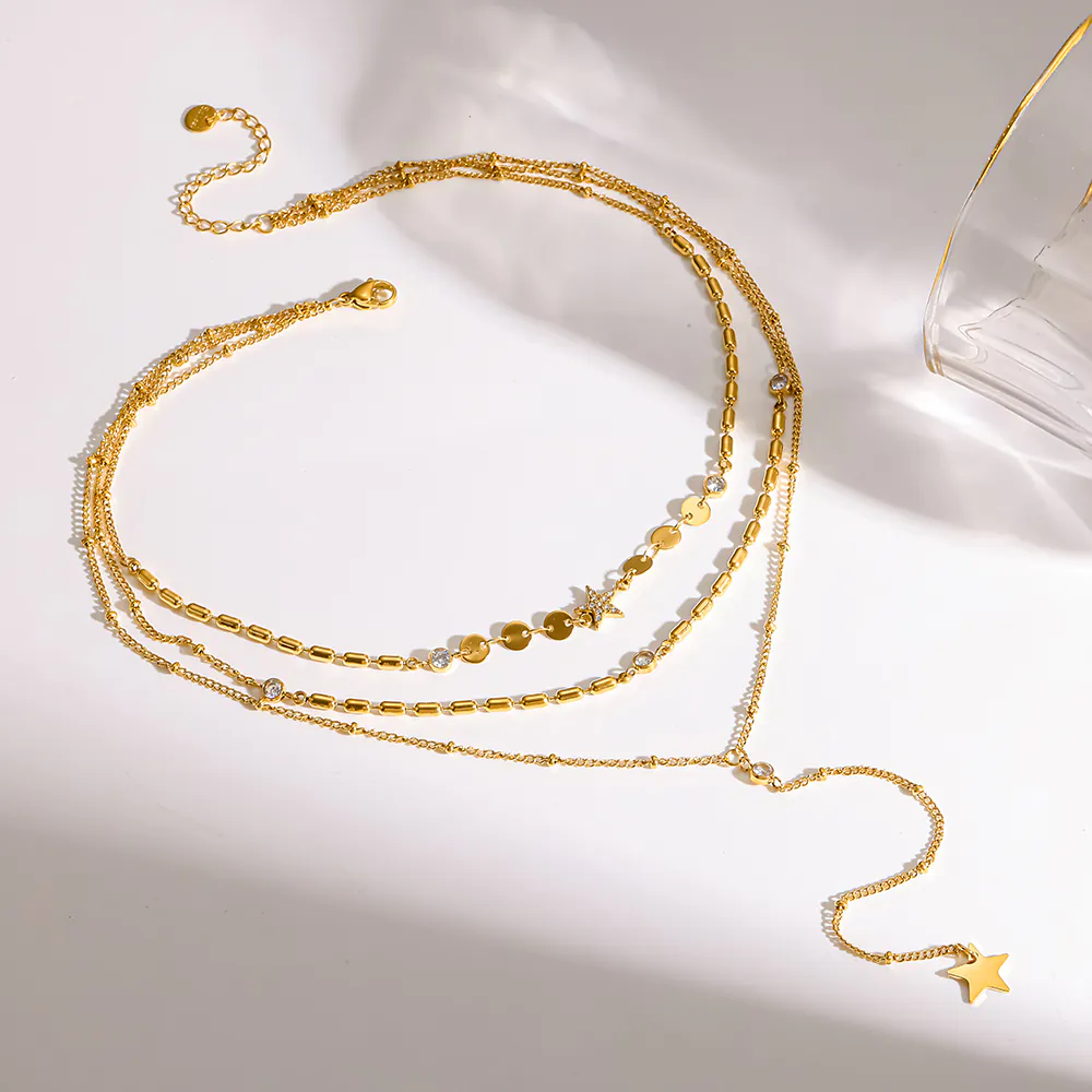 18K Gold-Plated Stainless Steel 3-Layer Star CZ Y-Drop Necklace, Waterproof Luxury Niche Stackable Women Neck Jewelry - Image 4