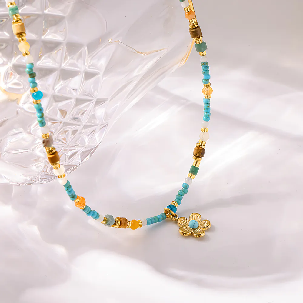 18K Gold-Plated Stainless Steel Flower Pendant Necklace Dopamine Color Natural Stone Beaded Boho Dainty Clavicle Chain For Women - Image 4