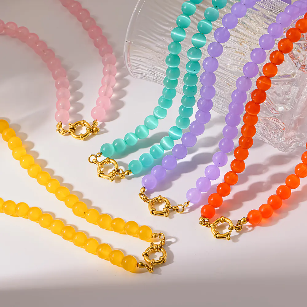 18K Gold-Plated Stainless Steel Rainbow Cat Eye Glass & Natural Stone Beaded Necklace, Dainty Clavicle Chain Jewelry for Women - Image 4