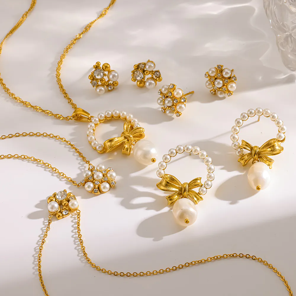 18K Gold Plated Stainless Steel Bow Faux Pearl Jewelry, French Elegant Fairy Pearl Earrings & Pendant Necklace, Luxury Fashion Accessory For Women - Image 4