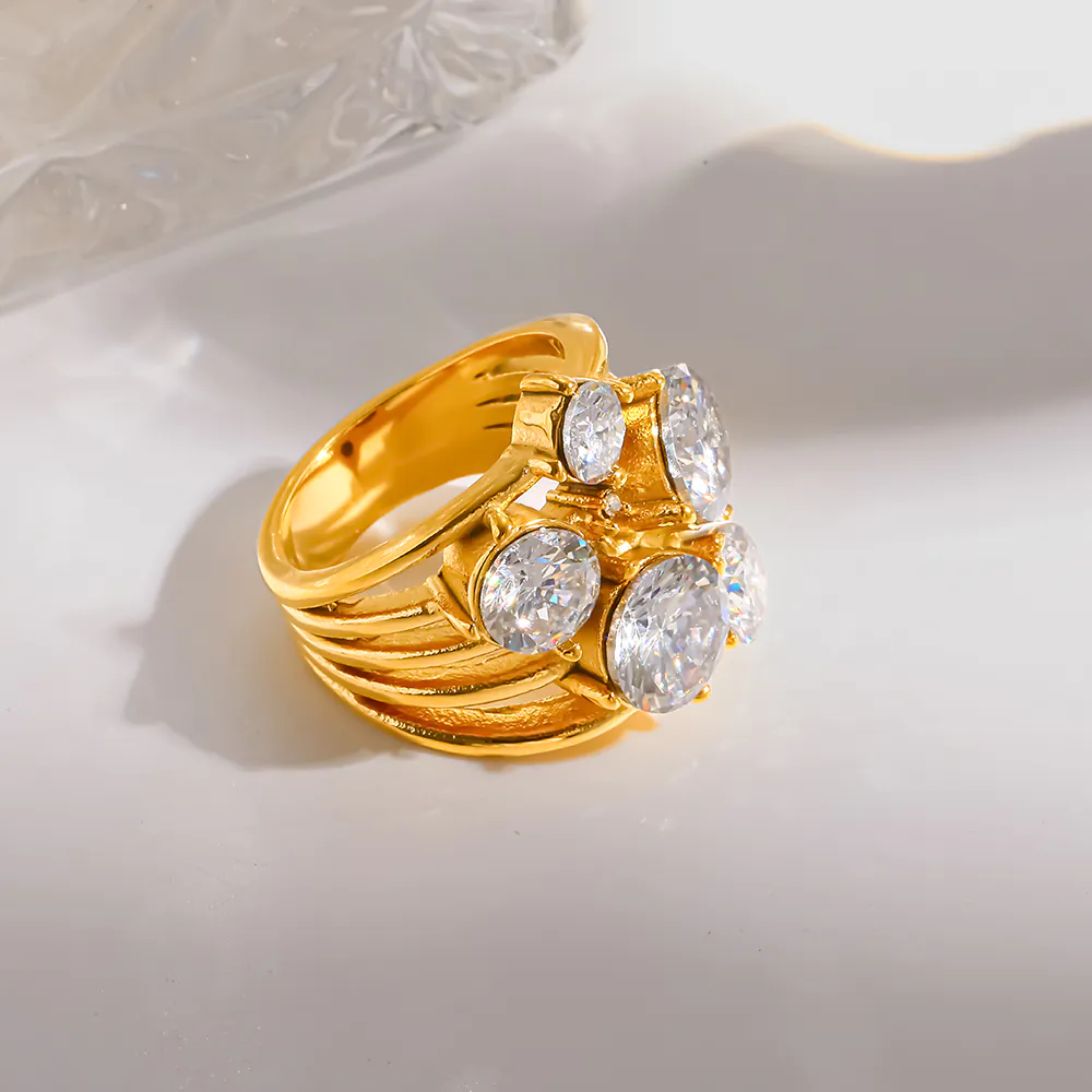 18K Gold-Plated Stainless Steel Multi-CZ Statement Ring, Bold Exaggerated Luxury Niche Women Finger Jewelry - Image 5