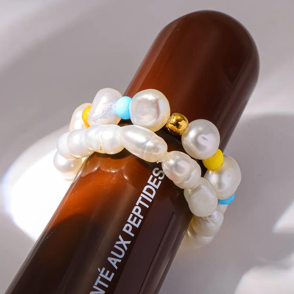 Fresh Color Beaded Stretch Ring, Freshwater Pearl Acrylic & Stainless Steel Beads Stackable Versatile Finger Ring For Women - Image 5