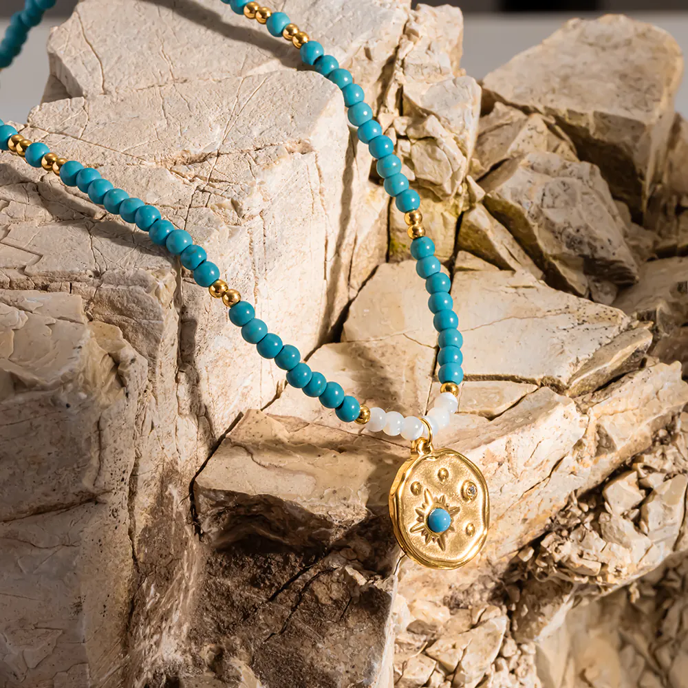 18K Gold-Plated Stainless Steel Sunburst Round Pendant Necklace, Vintage Turquoise Natural Stone Beaded Stackable Choker For Women - Image 5