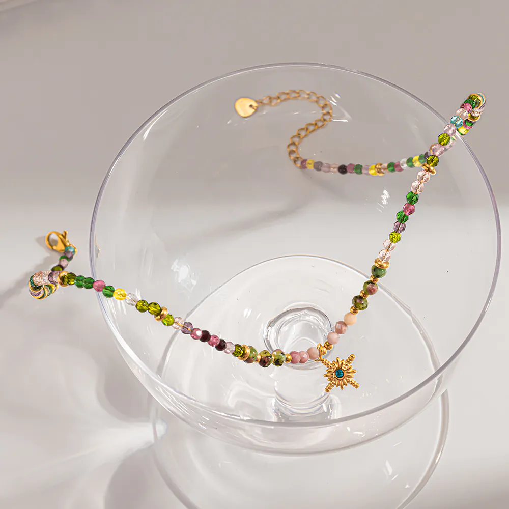 18K Gold-Plated Stainless Steel Vintage Beaded Choker, Natural Stone & Glass Bead Eight-Pointed Star Pendant Stackable Collarbone Neck Jewelry For Women - Image 5