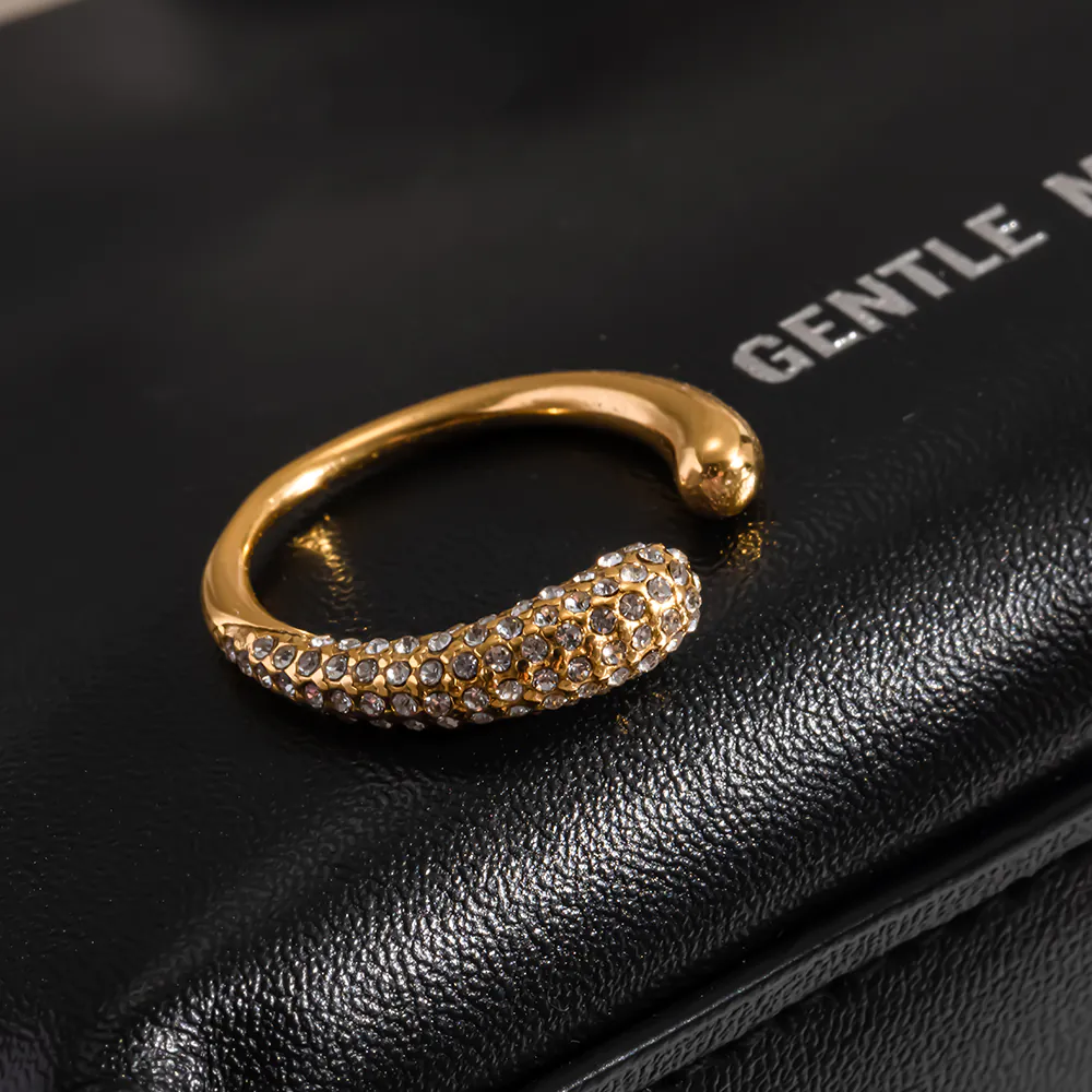 18K Gold‑Plated Stainless Steel Pave CZ Open Ring, Ins‑Style Teardrop Shape High‑End Minimalist Adjustable Finger Jewelry For Women - Image 6
