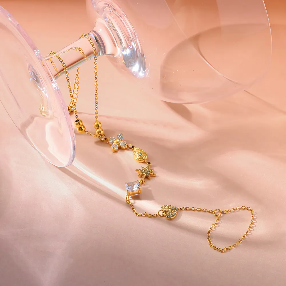 Heart & Star Cubic Zirconia Linked Finger Hand Chain | 18K Gold‑Plated Stainless Steel Integrated Hand Bracelet - Image 4