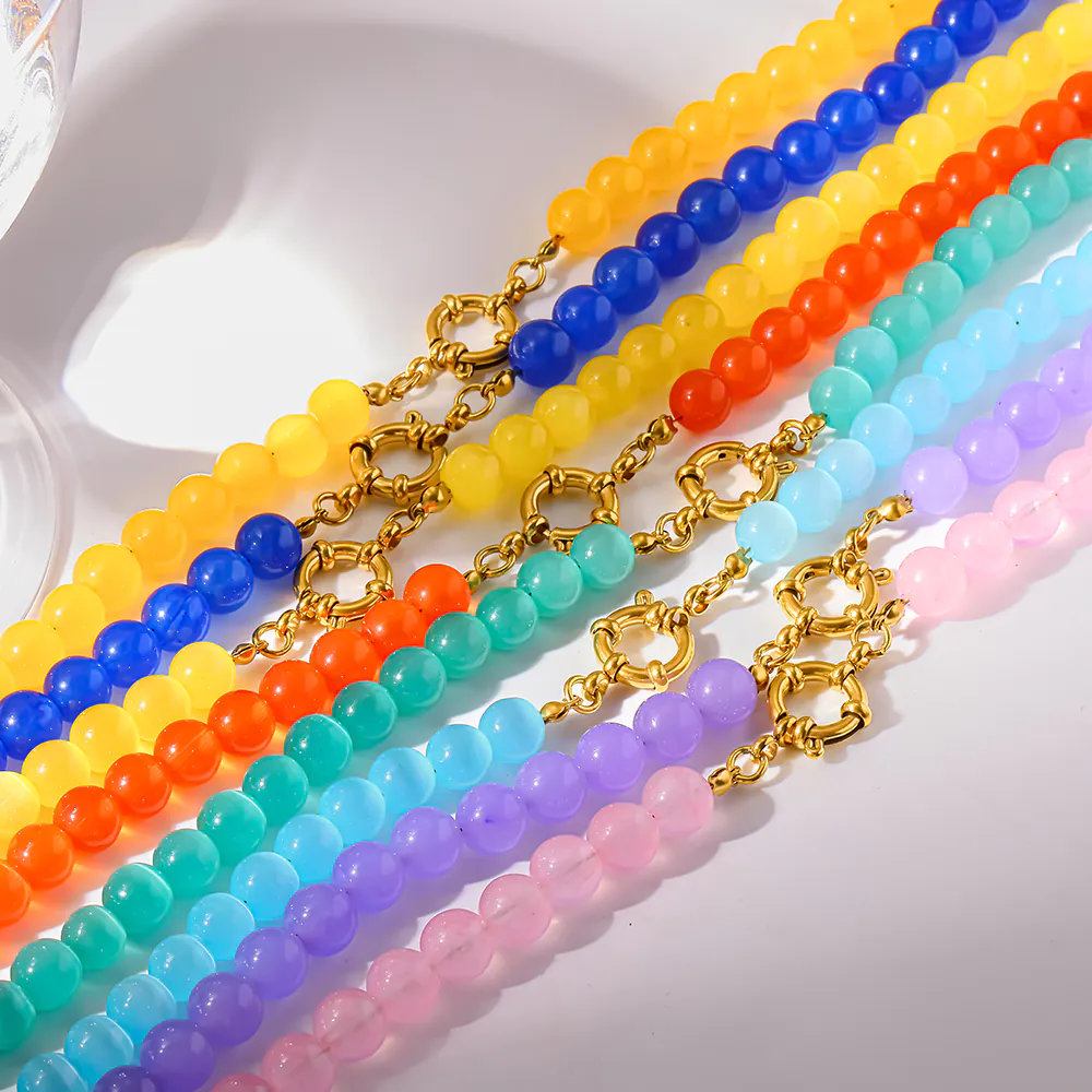18K Gold-Plated Stainless Steel Rainbow Cat Eye Glass & Natural Stone Beaded Necklace, Dainty Clavicle Chain Jewelry for Women - Image 5