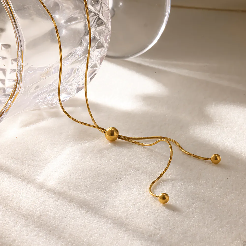 18K Gold‑Plated Stainless Steel Ins Minimalist Long Tassel Small Gold Ball Pendant Snake Chain Necklace, Waterproof Neck Jewelry For Women - Image 3