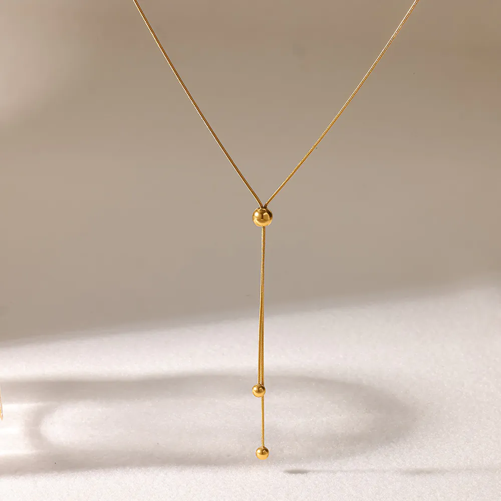 18K Gold‑Plated Stainless Steel Ins Minimalist Long Tassel Small Gold Ball Pendant Snake Chain Necklace, Waterproof Neck Jewelry For Women - Image 4