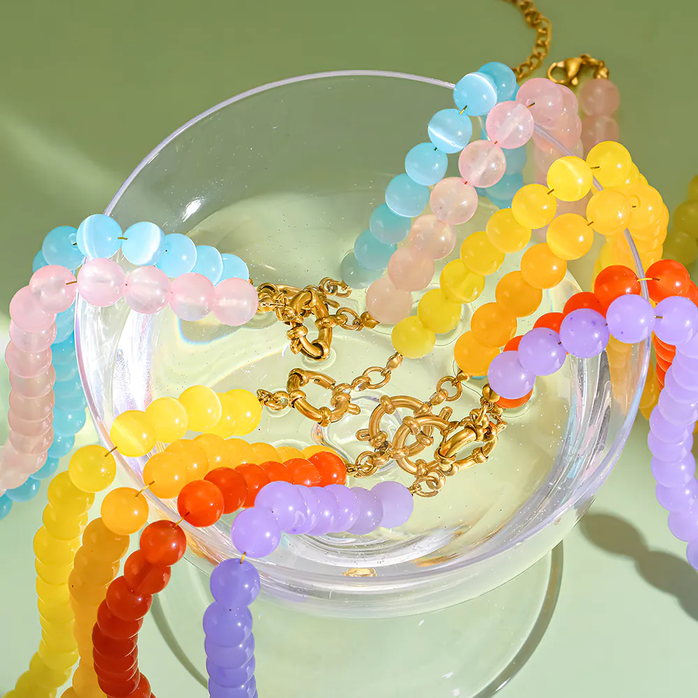 18K Gold-Plated Stainless Steel Rainbow Cat Eye Glass & Natural Stone Beaded Necklace, Dainty Clavicle Chain Jewelry for Women - Image 6