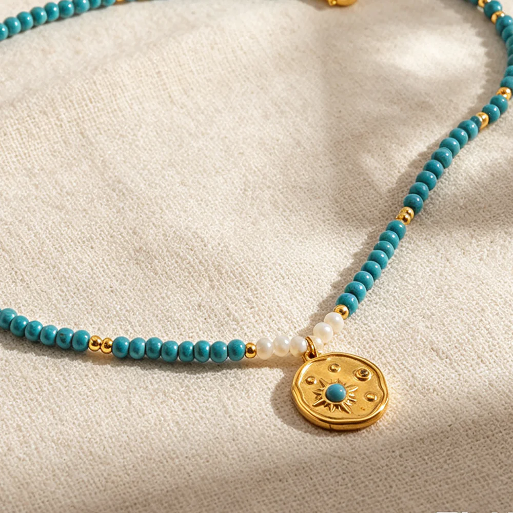 18K Gold-Plated Stainless Steel Sunburst Round Pendant Necklace, Vintage Turquoise Natural Stone Beaded Stackable Choker For Women - Image 6