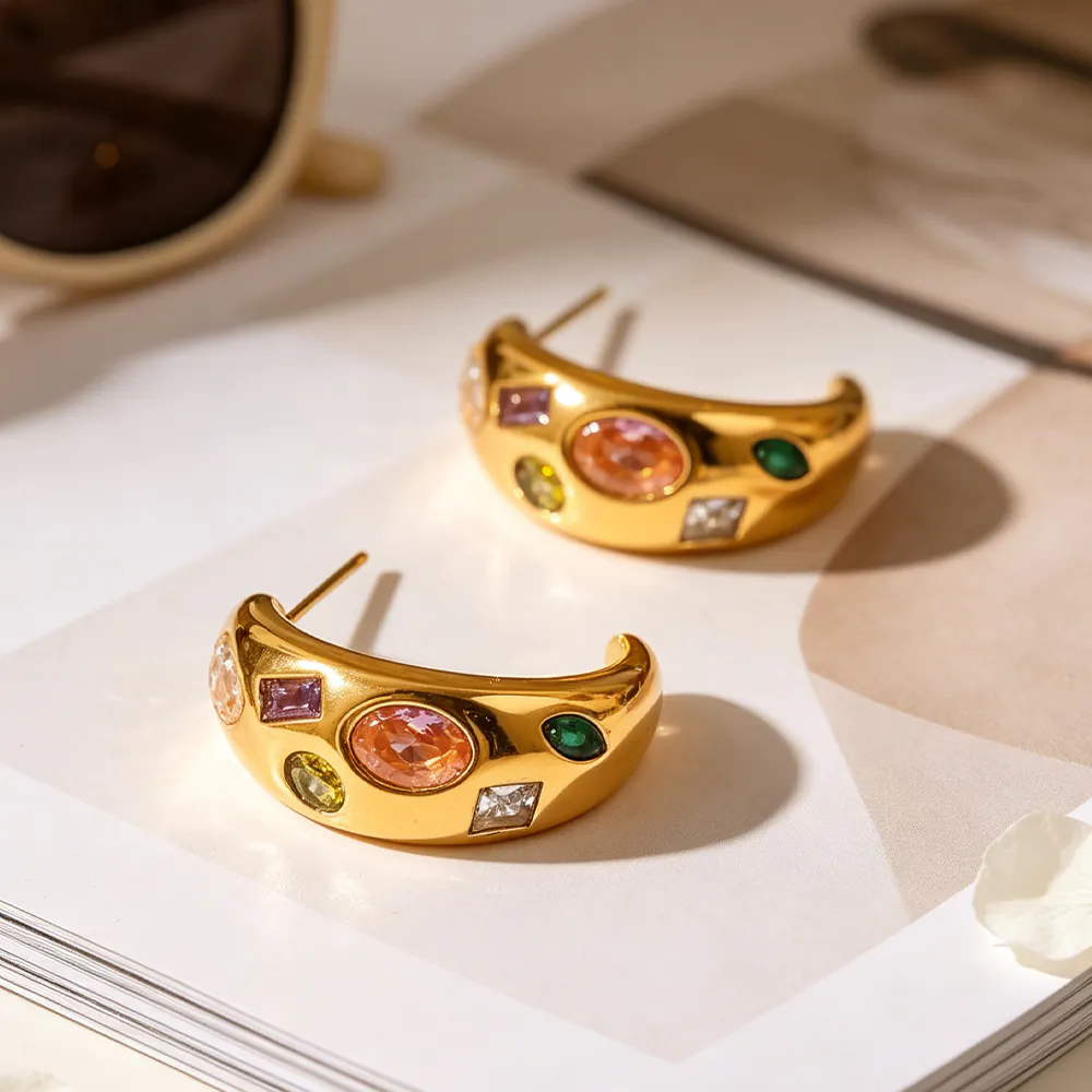 18K Gold‑Plated Stainless Steel Colorful Zircon C‑Shape Hoop Earrings, Ins Retro Trendy Fashion Waterproof Ear Jewelry For Women - Image 6