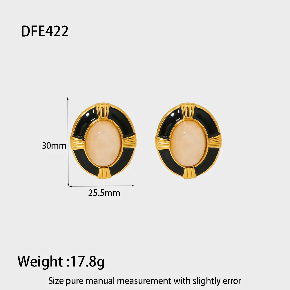 18K Gold‑Plated Stainless Steel Oval Natural Stone & Black Enamel Stud Earrings, Ins Vintage Luxury Waterproof Elegant Ear Jewelry For Women - Image 7