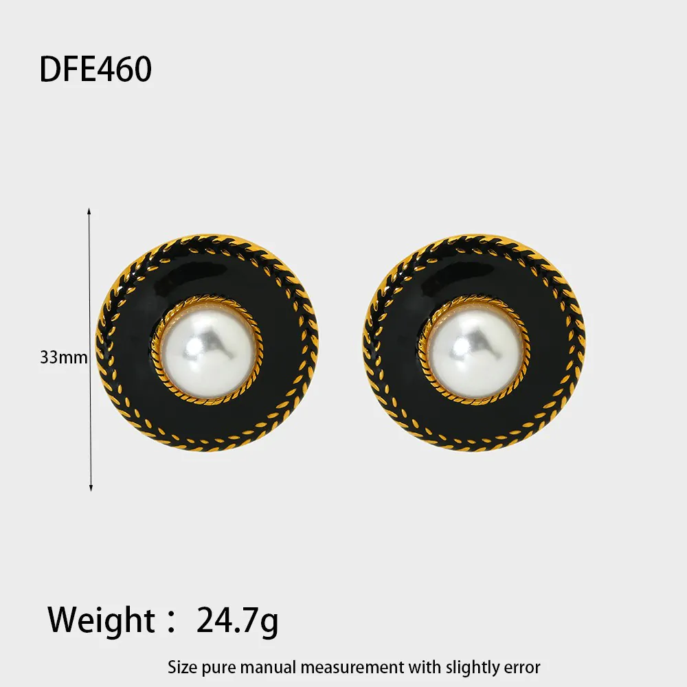 18K Gold‑Plated Stainless Steel Classic Black Enamel Faux Pearl Round Stud Earrings, Ins vintage enamel Waterproof Luxury Ear Jewelry For Women - Image 7