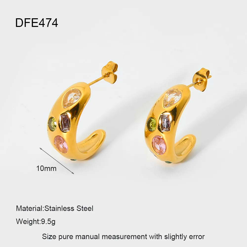 18K Gold‑Plated Stainless Steel Colorful Zircon C‑Shape Hoop Earrings, Ins Retro Trendy Fashion Waterproof Ear Jewelry For Women - Image 7