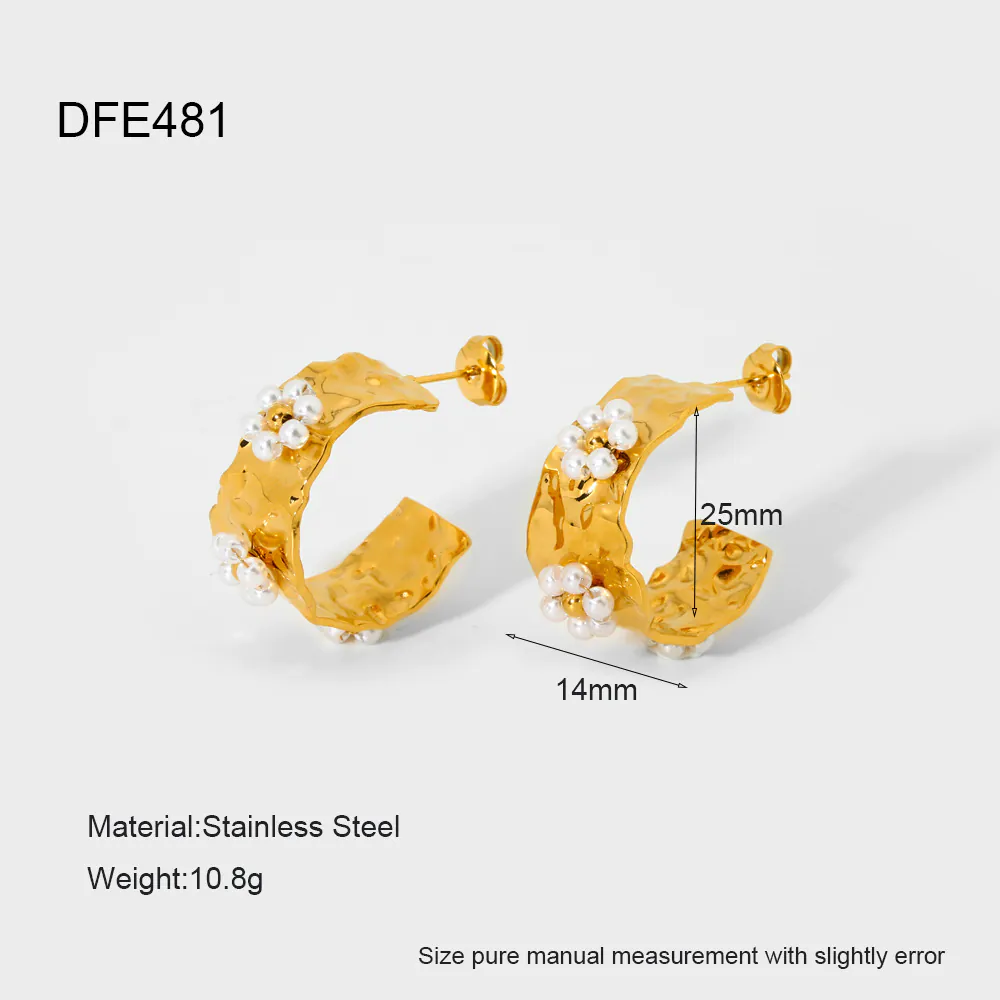 18K Gold‑Plated Stainless Steel Hammered C‑Shape Hoop Earrings With Flower Faux Pearl Cluster, Ins Minimalist Luxury Waterproof Ear Jewelry For Women - Image 6
