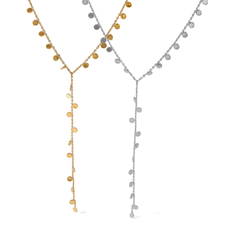 18K gold plated stainless steel disc y‑drop tassel necklace dainty women collarbone choker casual neck jewelry