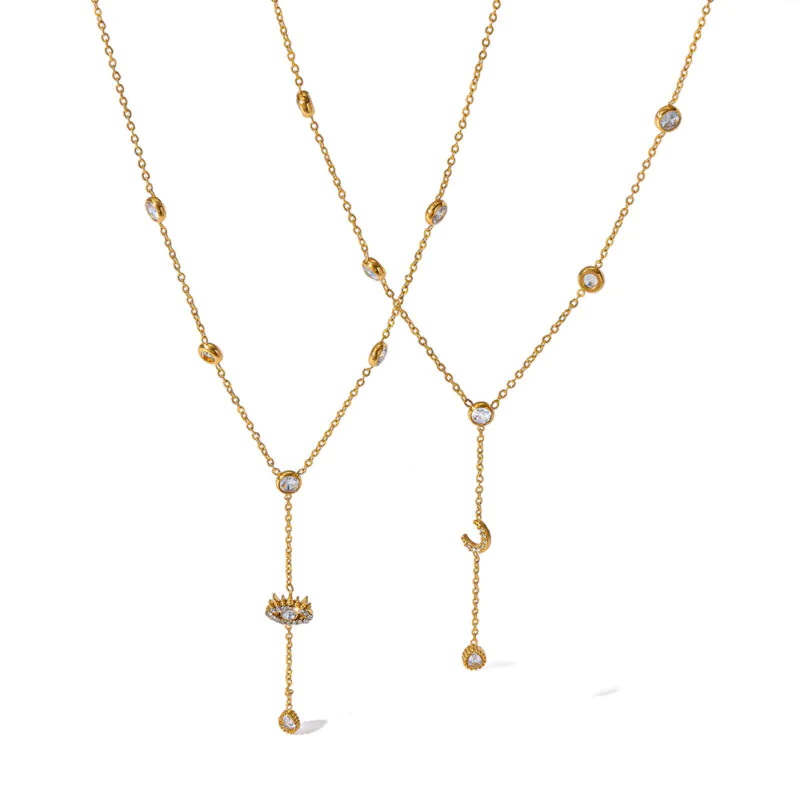 18K Gold‑Plated Stainless Steel Evil Eye Moon Y‑Drop Necklace, Cubic Zirconia Stackable Waterproof Collarbone Neck Jewelry For Women